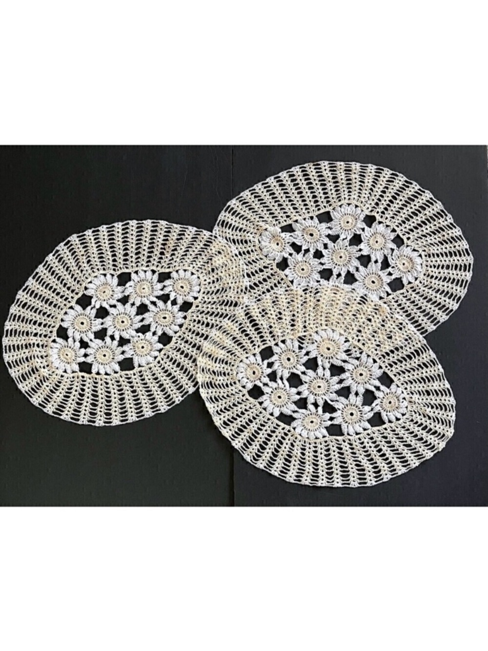 Hand Crocheted Oval Lace Peach Doilies Centerpiece Doily Floral Vintage Lot of 3